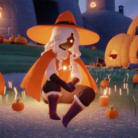 (masterpiece:1.4),(best quality1.4),(ultra high res:1.4),guangyu,
1 girl, solo, (witch:1.6),wizard hat, sitting on the ground, sitting on the ground, holding a pumpkin in her hand, (Halloween: 1.4), night town, night