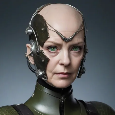 borg  old queen and remove eyepatch
CYBORG
BALD
grey and pale skin with bruising in places
prominent vein
METAL ARMOR
CABLE
EYEPATCH
scars on bald head
the scalp is wrinkled and crocodile skinned.
big green eyes
double eyelid
Brown uniform
metal ear armor
...