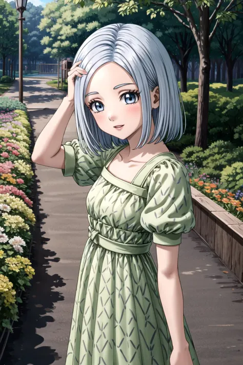 DQ10 illutia, short hair, grey hair, blue eyes, DQ10 costume, green dress, short sleeves, puffy sleeves, brown footwear, <lora:DQ10_illutia_ep20:0.6>, BREAK (small breasts), beautiful, masterpiece, 8K resolution, extremely detailed face, 1girl, Beautiful g...