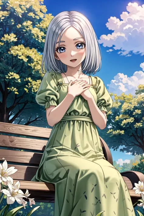 DQ10 illutia, short hair, grey hair, blue eyes, DQ10 costume, green dress, short sleeves, puffy sleeves, brown footwear, <lora:DQ10_illutia_ep20:0.6>, BREAK (small breasts), beautiful, masterpiece, 8K resolution, extremely detailed face, 1girl, Beautiful g...