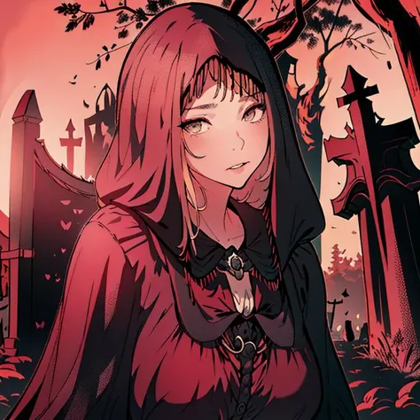 (masterpiece, best quality), 1girl, disgusted face, beautiful face, (vampire face), viewer from below, light from below, high contrast, simplicity, sitting by the tree, (red graveyar), (((monochrome graveyard))), ((black background)), (dark red clouds), cl...