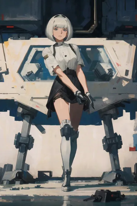 a painting of a woman in a short skirt standing next to a vehicle