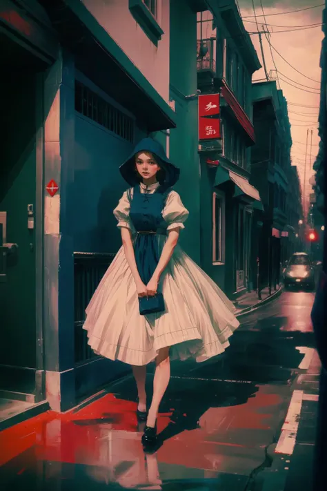 arafed woman in a dress and hat walking down a street