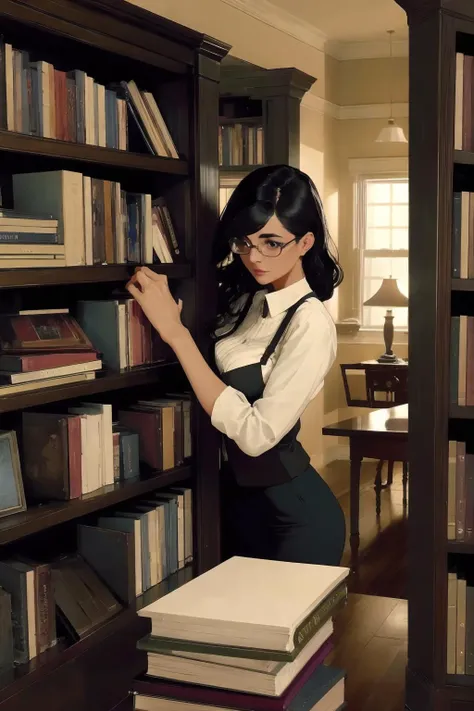 a beautiful stern woman librarian. adding a book to a bookcase.