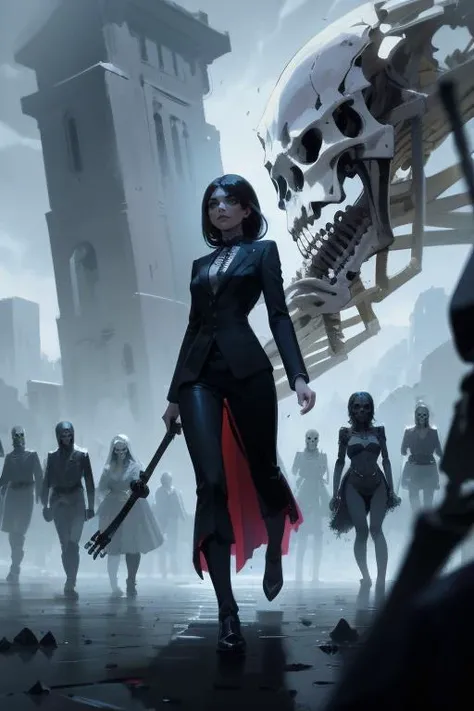 Masterpiece, best quality, a professional illustration of a gorgeous female human necromancer walking among a skeleton army, <lora:GoodHands-beta2:1.2>