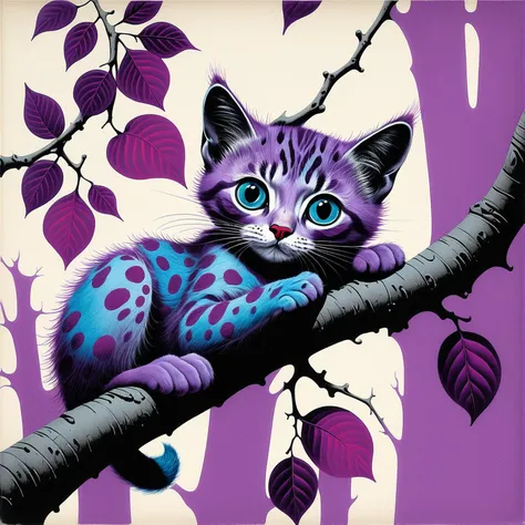 cs-gdblk, purple-spotted cat lying on a branch