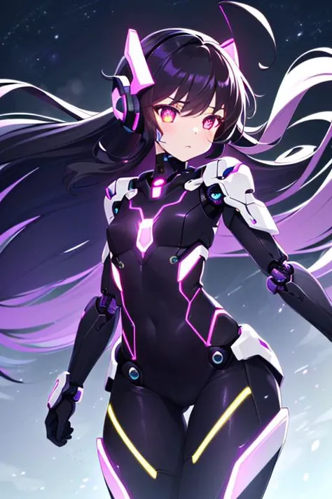 (sfw), intricate details, (bright neon colors), detailed background, night, 1girl, (petite, (cute face, bright glowing purple eyes), (human torso, petite perky breasts, robotic limbs), (black hair, absurdly long hair, hair blowing in the wind)), sleek deta...
