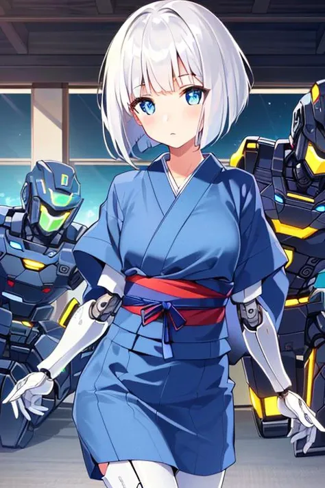 (sfw), intricate details, (bright neon colors), detailed background, daylight, indoors, 1girl, (petite, (expressionless cute face, bright glowing blue eyes), (human torso, petite perky breasts, yukata, robotic arms, robotic legs), (white hair, bob cut)), d...