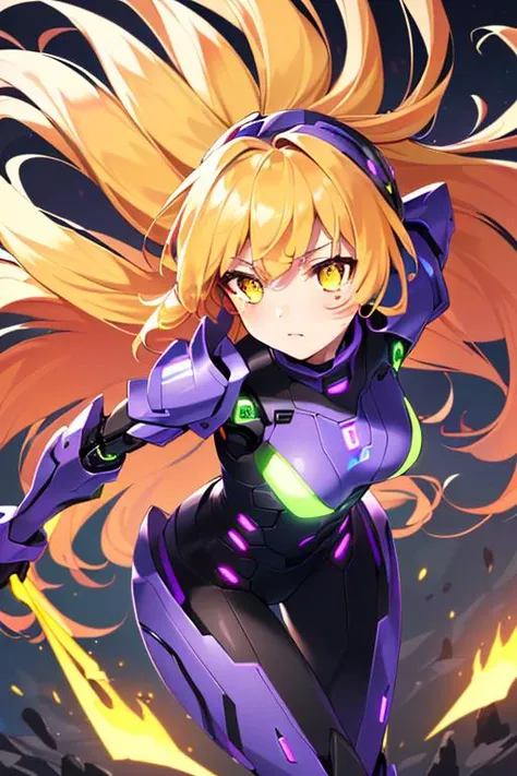 (sfw), intricate details, (bright neon colors), detailed background, night, 1girl, (petite, (cute face, bright glowing yellow eyes), (human torso, petite perky breasts, robotic limbs), (gradient purple and yellow hair, absurdly long hair, hair blowing in t...