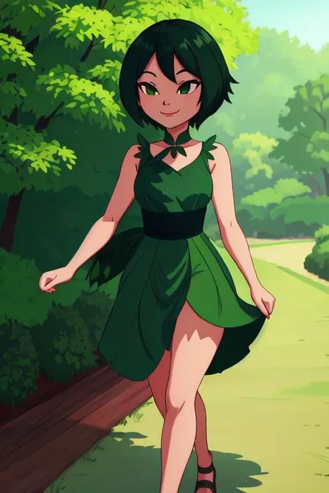 <lora:Ashi:1> ashi wearing a green dress made out of leaves, walking in a park early in the morning, smiling, 8K Masterpiece, Raw Photo, Cinematic