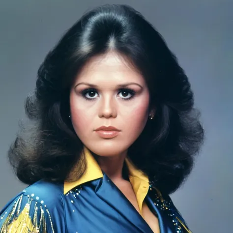 a close up of a woman with a blue shirt and gold fringe