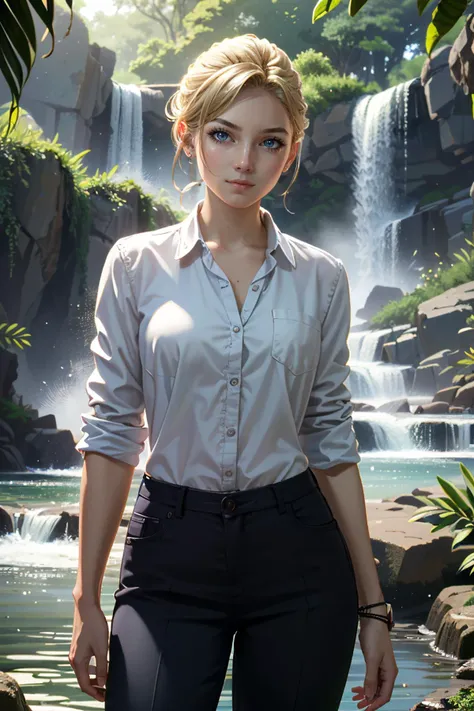 ((ultra detailed, masterpiece, absurdres))
<lora:UncElena:0.9>
UncElena, 1girl, solo, blue eyes, blonde hair, Collared button-up shirt with tailored trousers , in front of Exotic waterfall oasis, lush greenery, sunlight filtering through leaves