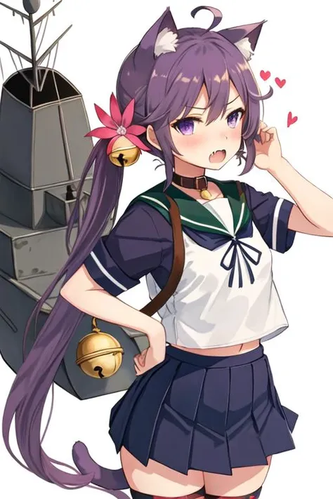 best quality, masterpiece, highres, solo, {akebono_kantaicollection:1.15}, purple_hair, long_hair, hair_ornament, side_ponytail, purple_eyes, flower, hair_flower, hair_bell, bell, jingle_bell, serafuku, blush, very_long_hair, 1girl, ahoge, animal_ears, cat...