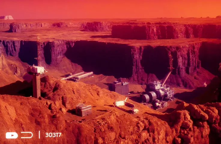 t0talr3call, a view of a mining operation on the surface of mars embedded in the cliffs of a canyon, giant domes,  film screencap, 35mm, Eastman 100T 5247, Eastman 400T 5295, Arriflex 35 BL4, Zeiss Super Speed Lens <lora:totalrecallstyle_lora:0.8>