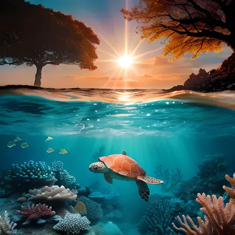 best quality, masterpiece, ultra high res, (photorealistic:1.4), raw photo, (majestic) turtle, (underwater) in a (coral reef) en...