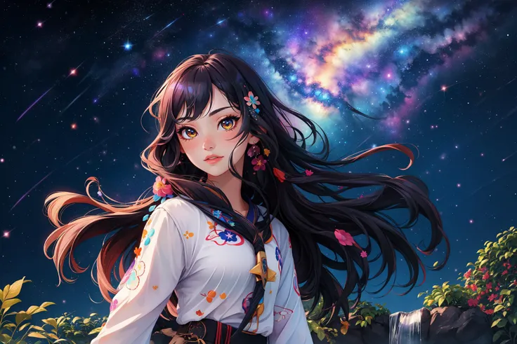 1girl, galaxy, asian, waterfall, beauty,  bad girl, long hair, galaxy night sky, (((masterpiece))) (((high quality))),8k