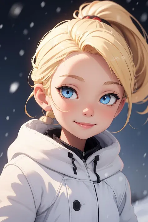 solo, 1girl, blue eyes, closeup, white outfit, small cute smile, perfect eyes, blonde ponytail hair, flushed face, winter, snowing, rtx lighting <lora:eyes-half-closed eyes:0.8>