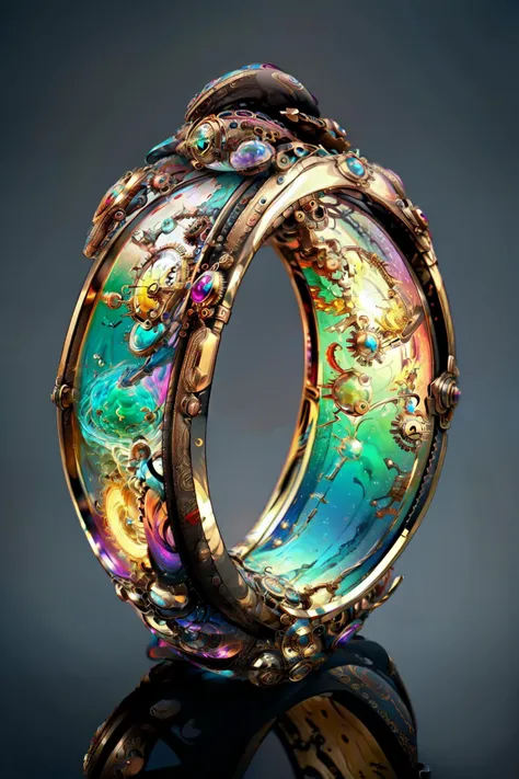 a close up of a colorful ring with a gold band