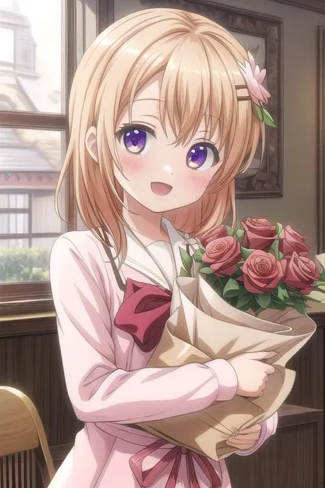 ultra-detailed,masterpiece,best quality,cafeteria,bouquet of roses,text,happy birthday,uniform ,facing viewer,hoto cocoa,upper body,open mouth,smile <lora:Gochuumon_hoto cocoa:0.7> <lora:add_detail:1>