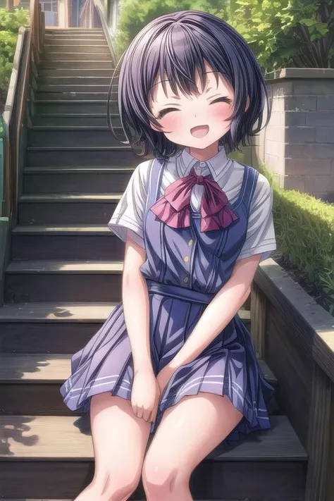 ultra-detailed,masterpiece,best quality,1girl,petite,school uniform,smile,open mouth,small breasts,closed eyes,school garden,stair,outdoor,strong wind,blush<lora:add_detail:1.5>  <lora:Gochuumon_jouga maya:0.7>jouga maya