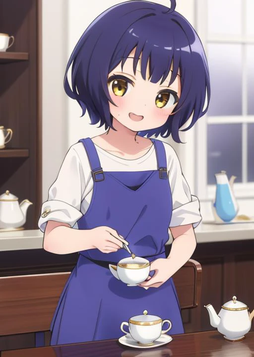 masterpiece, best quality, highres,1girl,  <lora:Gochuumon_jouga maya:0.7>,jouga maya,15yo,Cheerful,happy,(white schoolwear),darkblue shorthair,(bring large teapot and teacup on tray),(working at cafe)