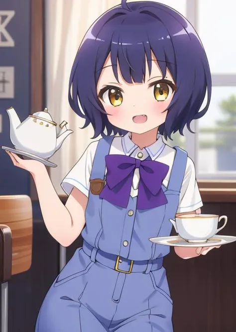 masterpiece, best quality, highres,1girl,  <lora:Gochuumon_jouga maya:0.7>,jouga maya,15yo,Cheerful,happy,(white schoolwear),darkblue shorthair,(bring large teapot and teacup on tray),(working at cafe)