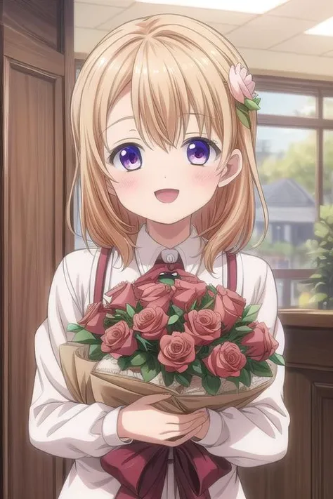 ultra-detailed,masterpiece,best quality,cafeteria,bouquet of roses,text,happy birthday,uniform ,facing viewer,hoto cocoa,upper body,open mouth,smile <lora:Gochuumon_hoto cocoa:0.7> <lora:add_detail:1>