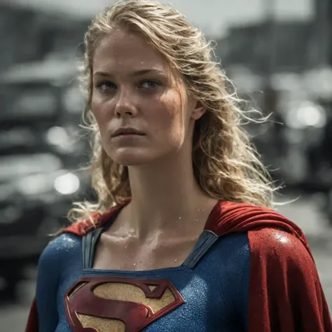 cinematic photograph of 1girl cosplaying as supergirl, (she is sweaty:1.5), ultra detailed skin texture, cinematic, promotional movie photograph, photo shot by Ingrid baars, shot with Hasselblad