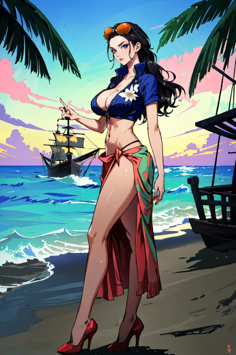 (masterpiece, best quality, ultra detailed, absurdres)1.5, 1girl, (sexy, beautiful woman, perfect face, perfect eyes, perfect female body, huge breasts)1.5, (nico robin, long hair, black hair, eyewear on head, sunglasses, hair slicked back, long skirt, sar...