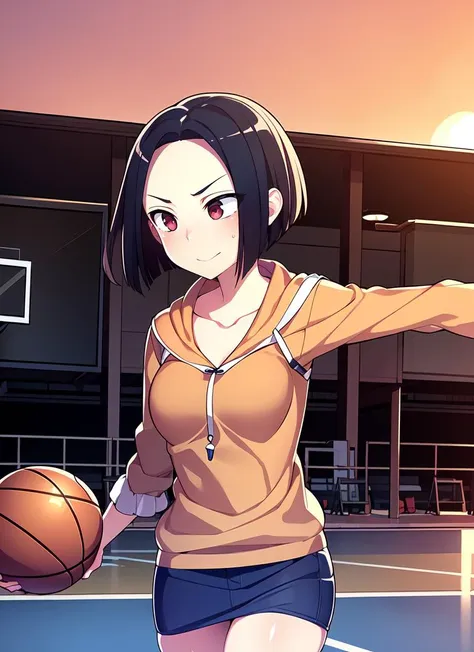 anime girl holding a basketball ball on a court with a basketball hoop