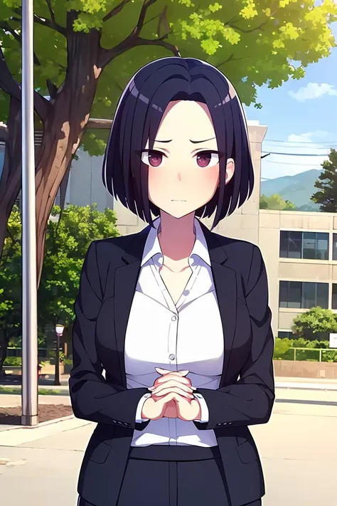 (masterpiece, best quality), 1girl, solo, looking at viewer,
 <lora:Angry Ex-GF (Stopman):0.75>,
angryexgf, (red eyes:0.7), brown eyes, black hair, short hair, bob cut, forehead, sidelocks, parted hair, tsurime, medium breasts,
business suit, office lady, ...