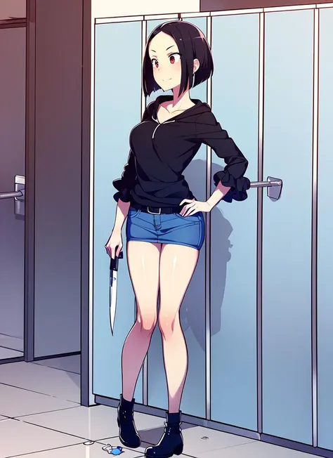 anime girl with a knife standing in front of a door