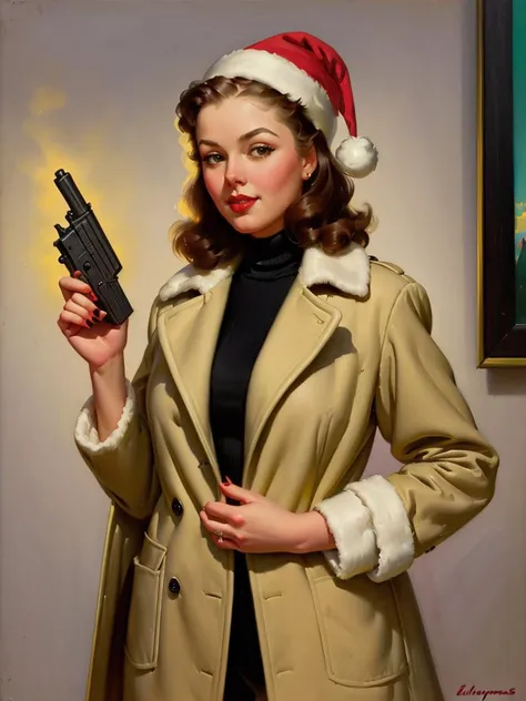 Photo neon sign the title "Caroline", Woman wearing Yellow Santa hat and coat, holding a gun, mistletoe decoration, art by J.C. Leyendecker, Canon 5d Mark 4, Kodak Ektar, elvgren, Ballantyne, chavez, driben, fried, frush, Moran, mozert, berardinis,  <lora:...