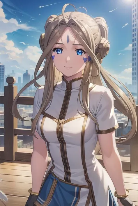 belldandy, <lora:belldandy s2-lora-nochekaiser:1>, 
belldandy, long hair, blue eyes, brown hair, facial mark, forehead mark, mature female, smile,
BREAK gloves, wings, choker, fingerless gloves, bracelet, ring, feathers, angel wings, 
BREAK outdoor, city, ...