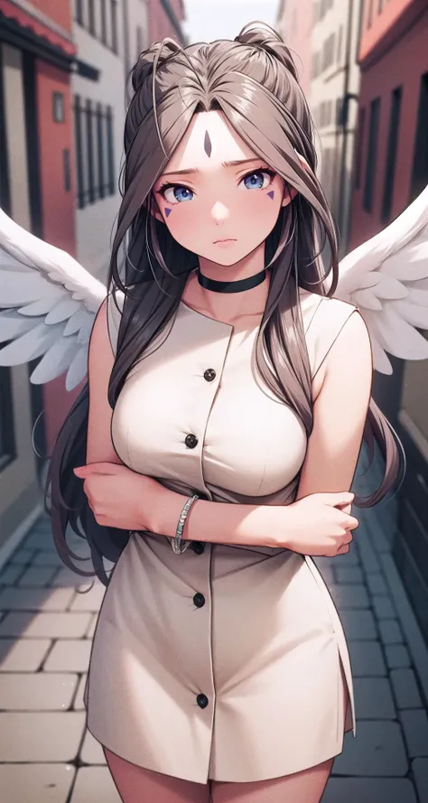 a woman with long hair and angel wings standing in a narrow alley