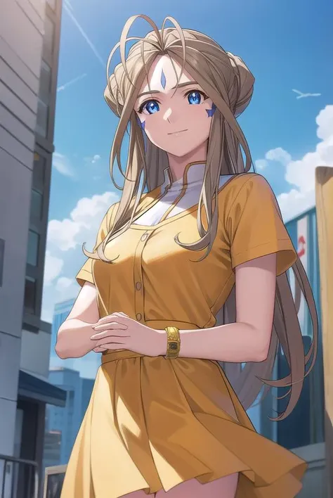 belldandy, <lora:belldandy s2-lora-nochekaiser:1>, 
belldandy, long hair, blue eyes, brown hair, facial mark, forehead mark, mature female, smile,
BREAK shirt, orange shirt, short sleeves, belth, skirt, yellow skirt, bracelet,
BREAK outdoor, city, sky, sun...