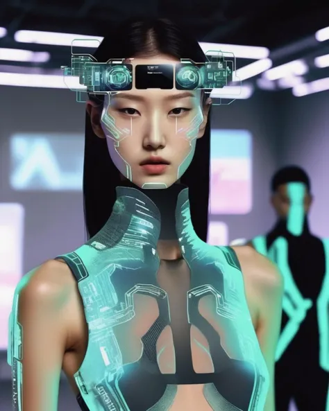 photography , Augmented reality fashion show, models donning digital garments that morph and change with every step, blurring the line between real and virtual. , cyberpunk style , <lora:cyber_aesthetic_sdxl:1.0>