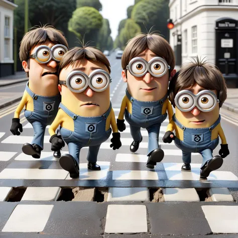 Four Minions, Beatles impersonation, same hairstyles and outfits, walking right on Abbey Road zebra crossing, Abbey Road is the 11th album of the British rock band The Beatles. <lora:Microverse_Creator_sdxl:0.5> <lora:cyber_aesthetic_sdxl:0.2>