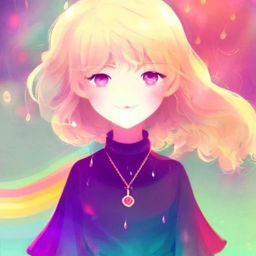 1girl, blush, choker, collarbone, jewelry,necklace, pendant, rainbow_eyes, blonde_hair, short_hair, smile, solo,thunderstorm,  u...