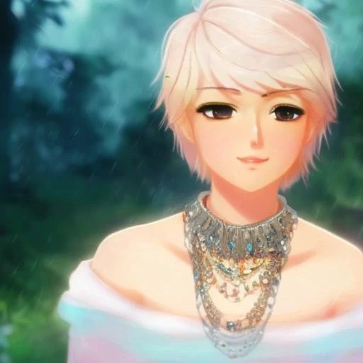 1girl, blush, choker, collarbone, jewelry,necklace, pendant, rainbow_eyes, blonde_hair, short_hair, smile, solo,thunderstorm,  u...