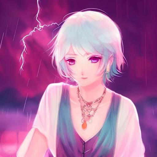 1girl, blush, choker, collarbone, jewelry,necklace, pendant, rainbow_eyes, blonde_hair, short_hair, smile, solo,thunderstorm,  u...