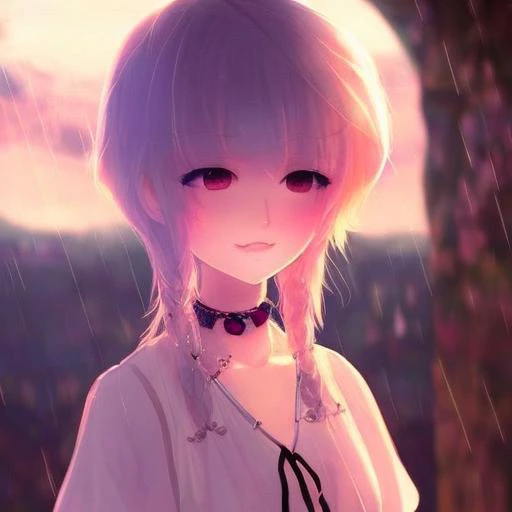 1girl, blush, choker, collarbone, jewelry,necklace, pendant, rainbow_eyes, blonde_hair, short_hair, smile, solo,thunderstorm,  u...