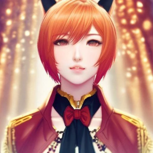 1girl, animal_ears, blush, choker, collarbone, jewelry,necklace, pendant, red_eyes, red_hair, short_hair, smile, solo, upper_bod...