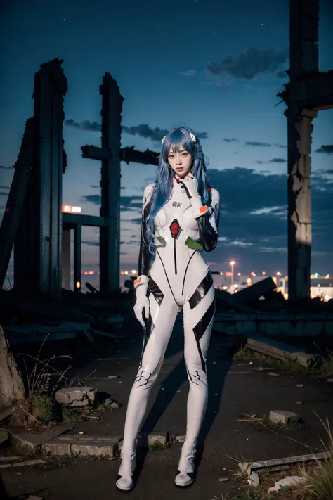 best quality, masterpiece, photorealistic, 1girl, solo, looking at viewer, bangs, full body, closed mouth, expressionless, standing, ayanami_cosplay_costume, plugsuit, blue hair, ayanami rei, pilot suit, cosplay, long hair, interface headset, hairpods, glo...