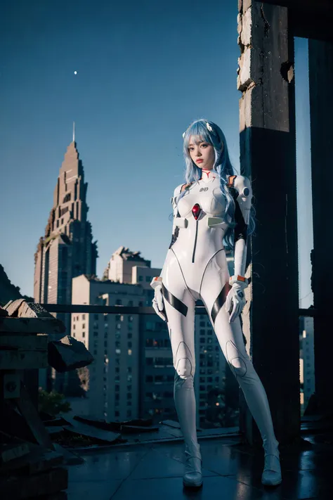 best quality, masterpiece, photorealistic, 1girl, solo, looking at viewer, bangs, full body, closed mouth, expressionless, ayanami_cosplay_costume, plugsuit, blue hair, ayanami rei, pilot suit, cosplay, long hair, interface headset, hairpods, gloves, brace...