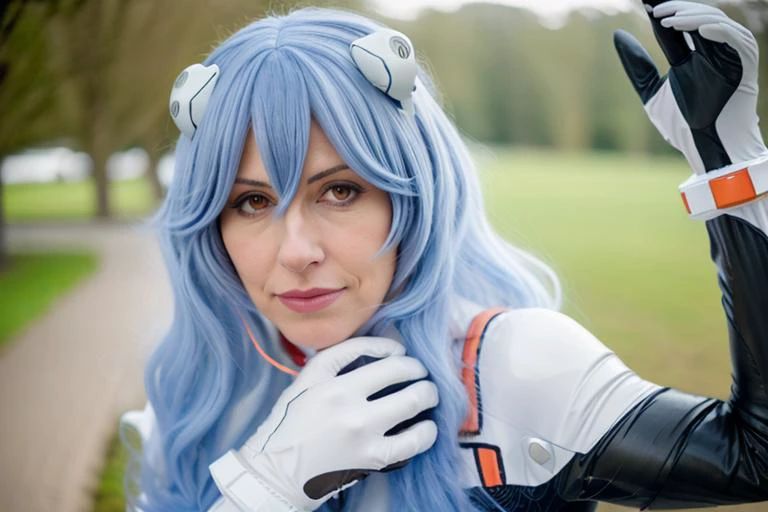 photograph, close up, (dutch milf:1.4), mature female, wearing an AYANAMI_COSPLAY_COSTUME, PLUGSUIT, BLUE HAIR, AYANAMI REI, PILOT SUIT, COSPLAY, LONG HAIR, INTERFACE HEADSET, HAIRPODS, GLOVES, BRACER, SKIN TIGHT,<lora:ayanami_cosplay_costume_v2:0.65>, at ...