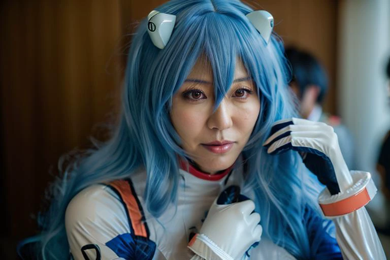 photograph, close up, (japanese milf:1.4), mature female wearing an AYANAMI_COSPLAY_COSTUME, PLUGSUIT, BLUE HAIR, AYANAMI REI, PILOT SUIT, COSPLAY, LONG HAIR, INTERFACE HEADSET, HAIRPODS, GLOVES, BRACER, SKIN TIGHT,<lora:ayanami_cosplay_costume_v2:0.65>, a...