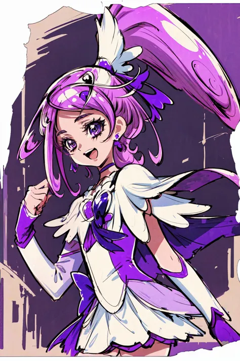 a drawing of a girl with a purple and white outfit