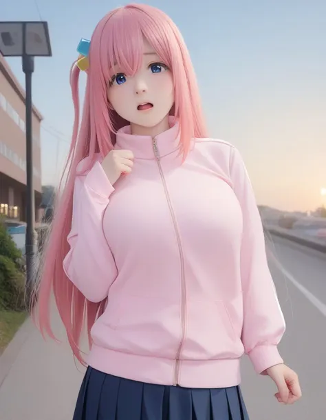 a woman with pink hair and a pink jacket is posing