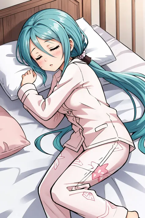 masterpiece, best quality, 1girl, solo <lora:ysfrieda-nvwls-v1-000009:0.9> ysFrieda, ponytail, white pajamas, long sleeves, white pajama pants, sleeping, bed, pillow, closed eyes, large breasts